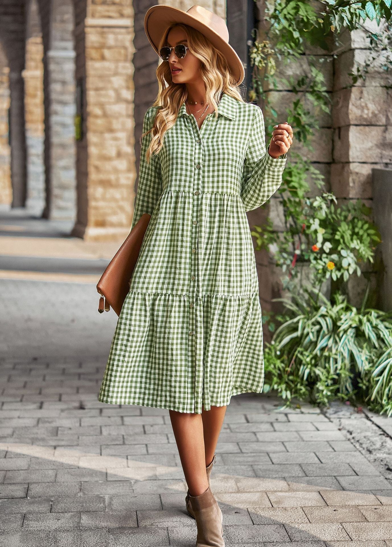 Plaid Print A-line Long Sleeve Shirt Dress Mssaz Desses