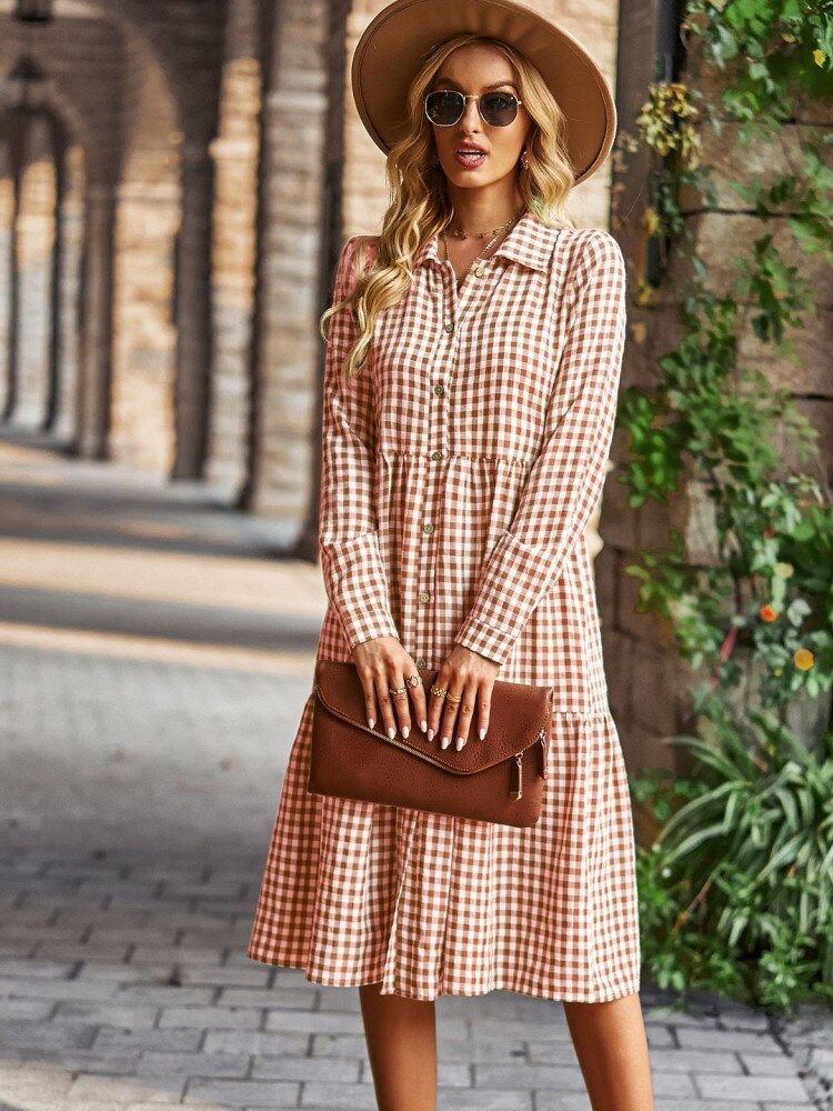 Plaid Print A-line Long Sleeve Shirt Dress Mssaz Desses
