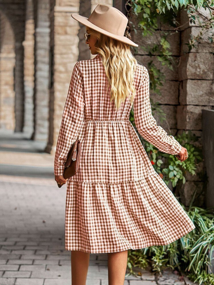 Plaid Print A-line Long Sleeve Shirt Dress Mssaz Desses