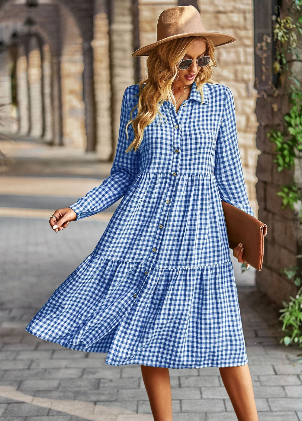 Plaid Print A-line Long Sleeve Shirt Dress Mssaz Desses