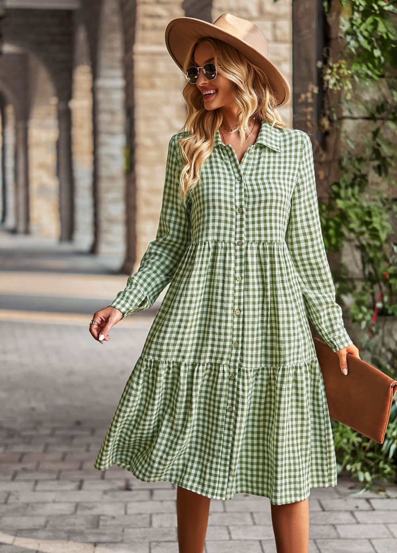 Plaid Print A-line Long Sleeve Shirt Dress Mssaz Desses