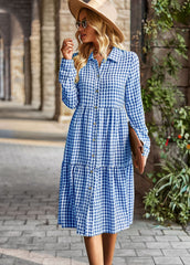 Plaid Print A-line Long Sleeve Shirt Dress Mssaz Desses