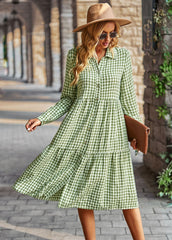Plaid Print A-line Long Sleeve Shirt Dress Mssaz Desses