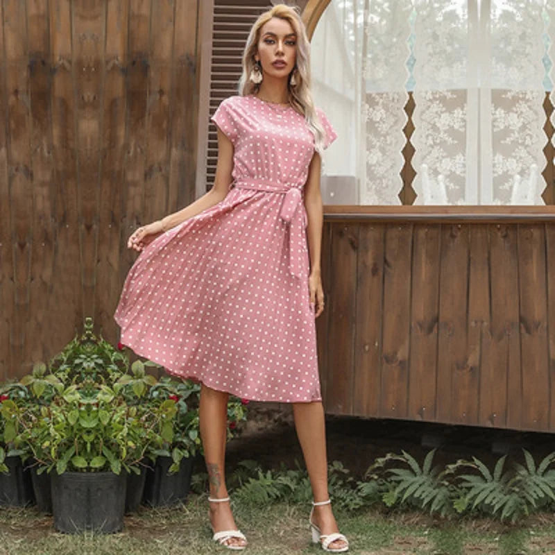 New  Polka Dots Sleeveless Pleated For High Waist Elegant Office Green Lady Dinner Party Clothes Midi Dress Mssaz Desses
