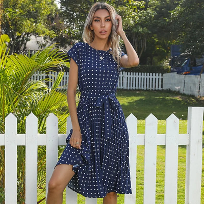 New  Polka Dots Sleeveless Pleated For High Waist Elegant Office Green Lady Dinner Party Clothes Midi Dress Mssaz Desses