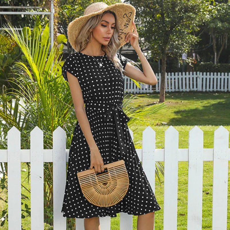 New  Polka Dots Sleeveless Pleated For High Waist Elegant Office Green Lady Dinner Party Clothes Midi Dress Mssaz Desses