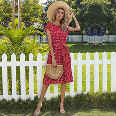 New  Polka Dots Sleeveless Pleated For High Waist Elegant Office Green Lady Dinner Party Clothes Midi Dress Mssaz Desses