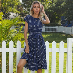 New  Polka Dots Sleeveless Pleated For High Waist Elegant Office Green Lady Dinner Party Clothes Midi Dress Mssaz Desses