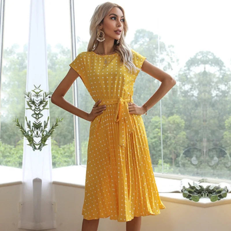 New  Polka Dots Sleeveless Pleated For High Waist Elegant Office Green Lady Dinner Party Clothes Midi Dress Mssaz Desses