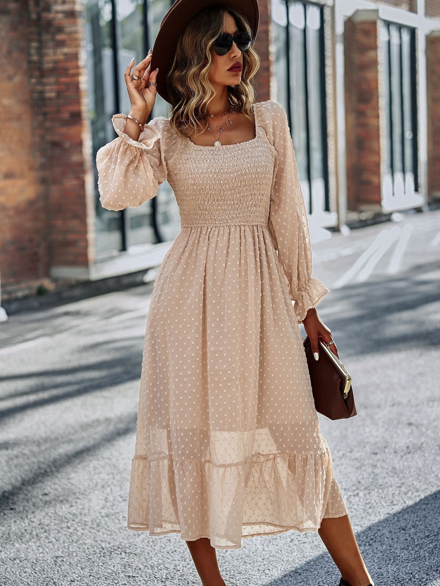 Chic Lace Lantern Sleeve Ruffles Square Collar Dress Mssaz Desses