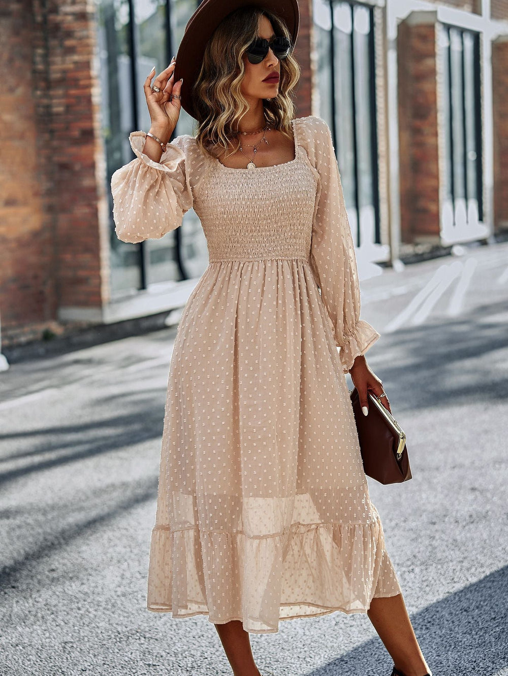 Chic Lace Lantern Sleeve Ruffles Square Collar Dress Mssaz Desses