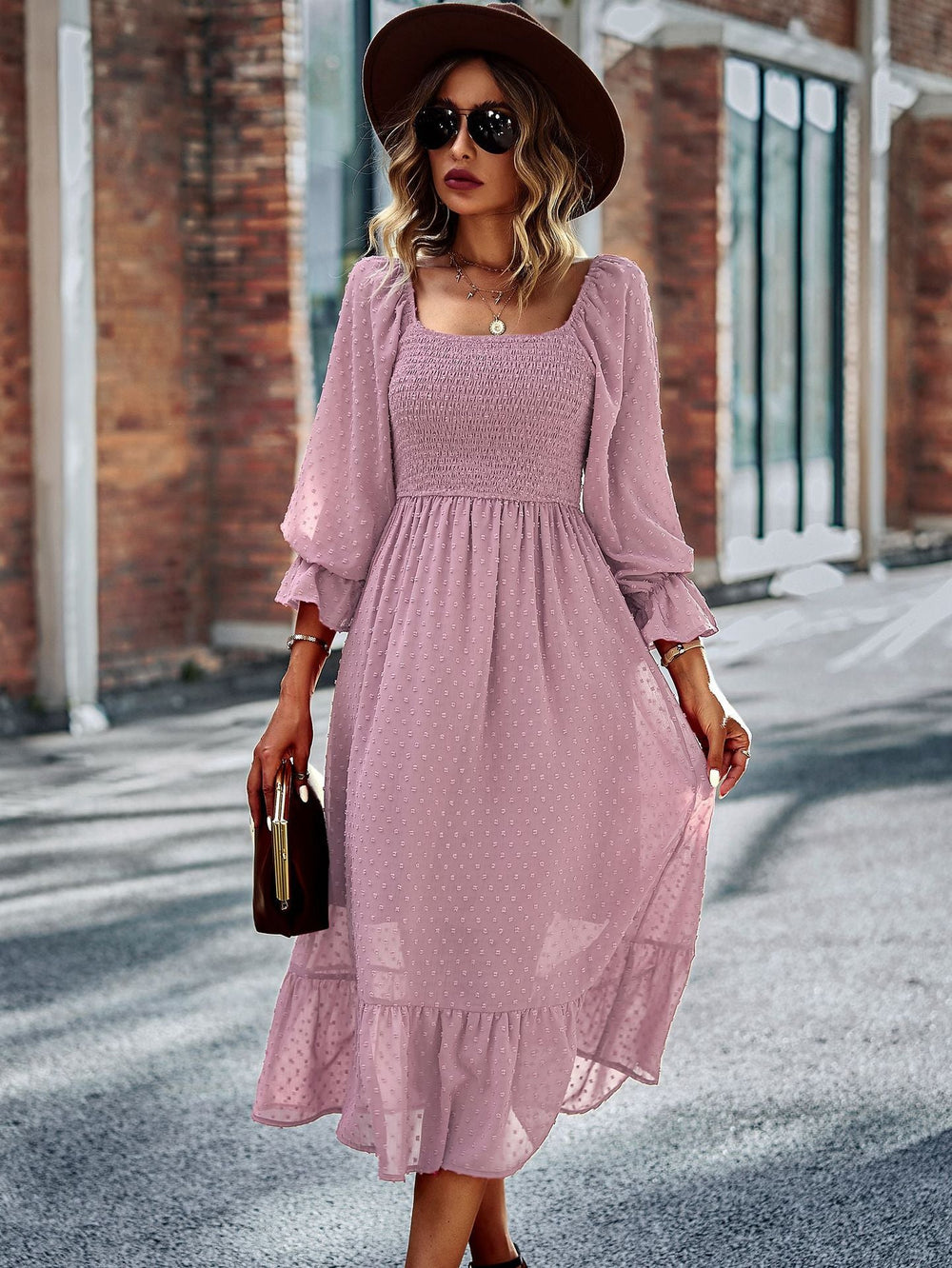 Chic Lace Lantern Sleeve Ruffles Square Collar Dress Mssaz Desses
