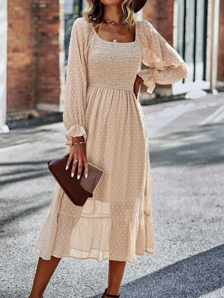 Chic Lace Lantern Sleeve Ruffles Square Collar Dress Mssaz Desses