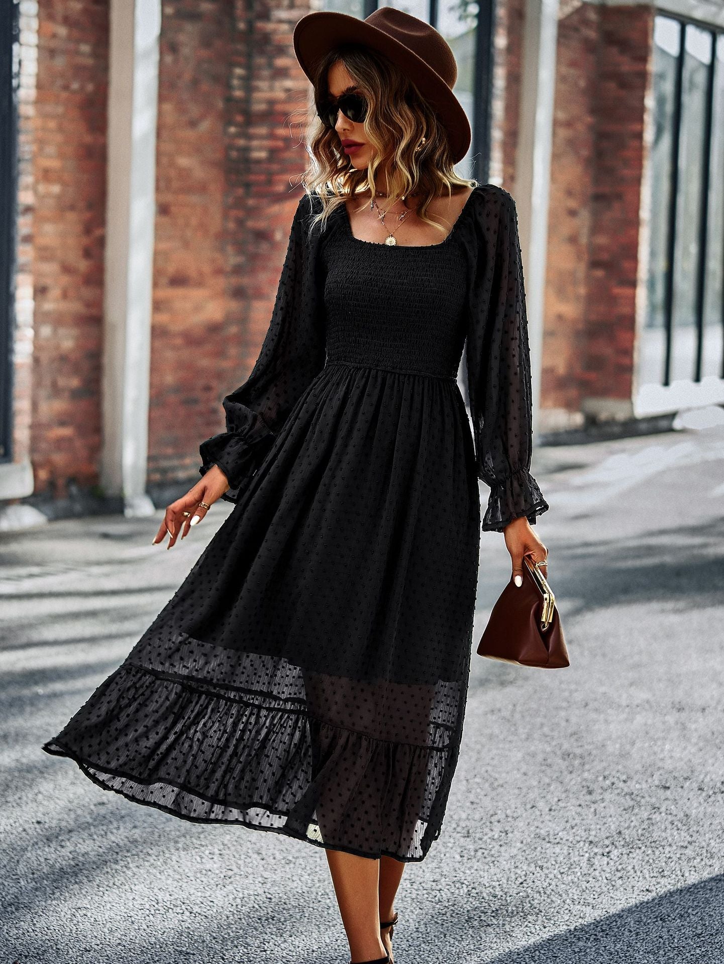 Chic Lace Lantern Sleeve Ruffles Square Collar Dress Mssaz Desses