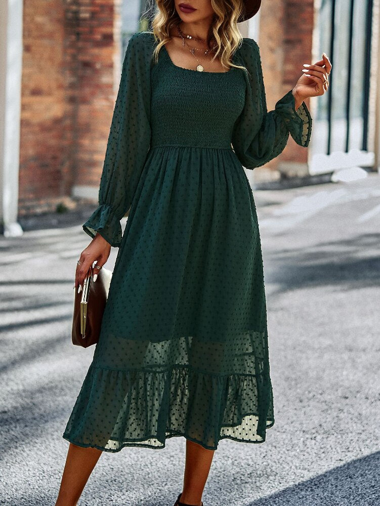 Chic Lace Lantern Sleeve Ruffles Square Collar Dress Mssaz Desses