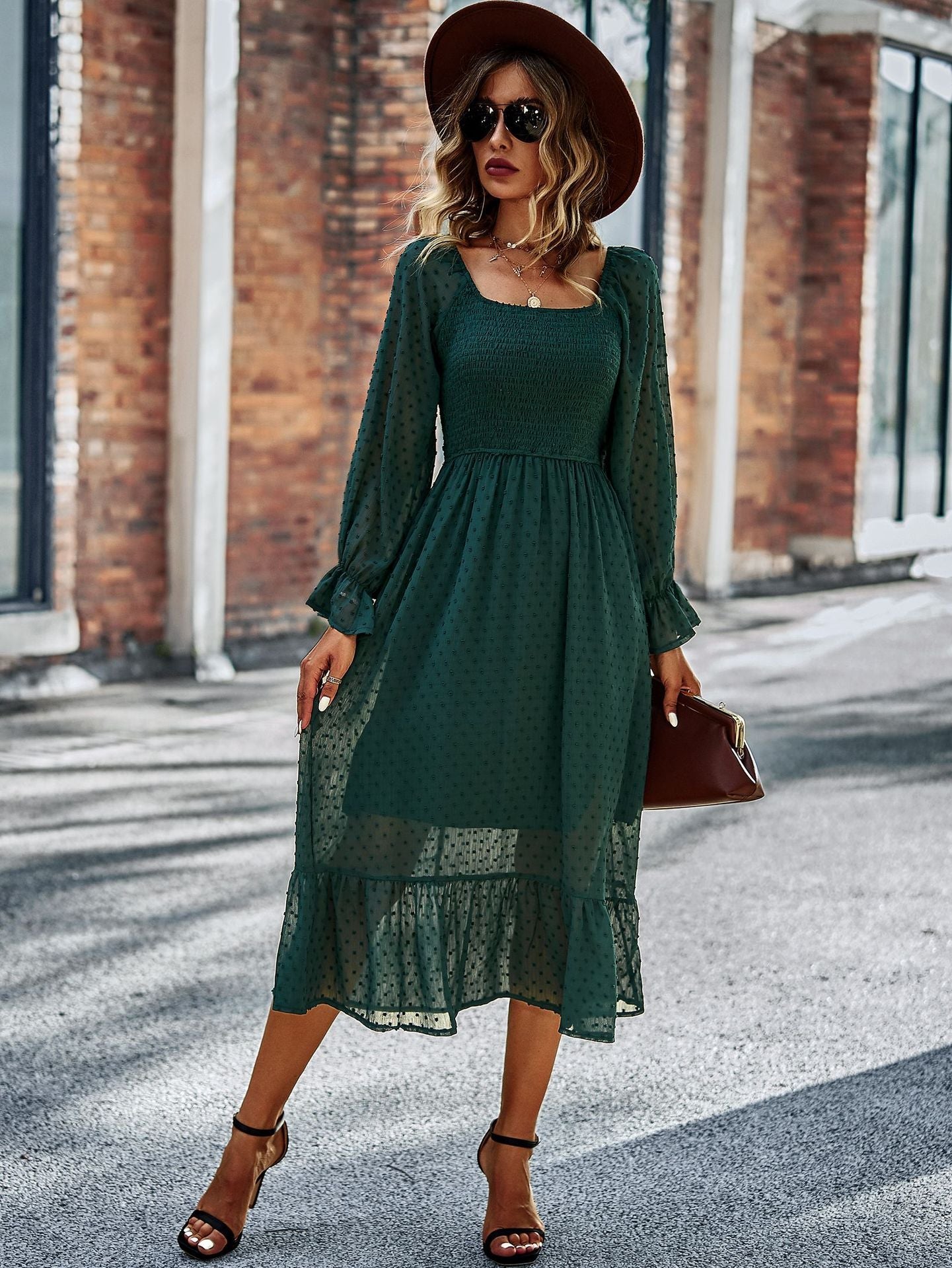 Chic Lace Lantern Sleeve Ruffles Square Collar Dress Mssaz Desses