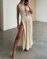 Hollow Out Off Shoulder Backless High Split Maxi Dress Mssaz Desses