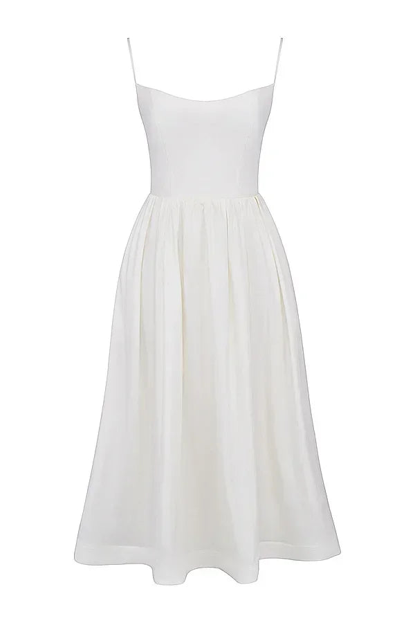 Pink and Pretty White Vacation Spaghetti Strap Beach A Line Party Casual Midi Dress Mssaz Desses