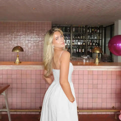 Pink and Pretty White Vacation Spaghetti Strap Beach A Line Party Casual Midi Dress Mssaz Desses