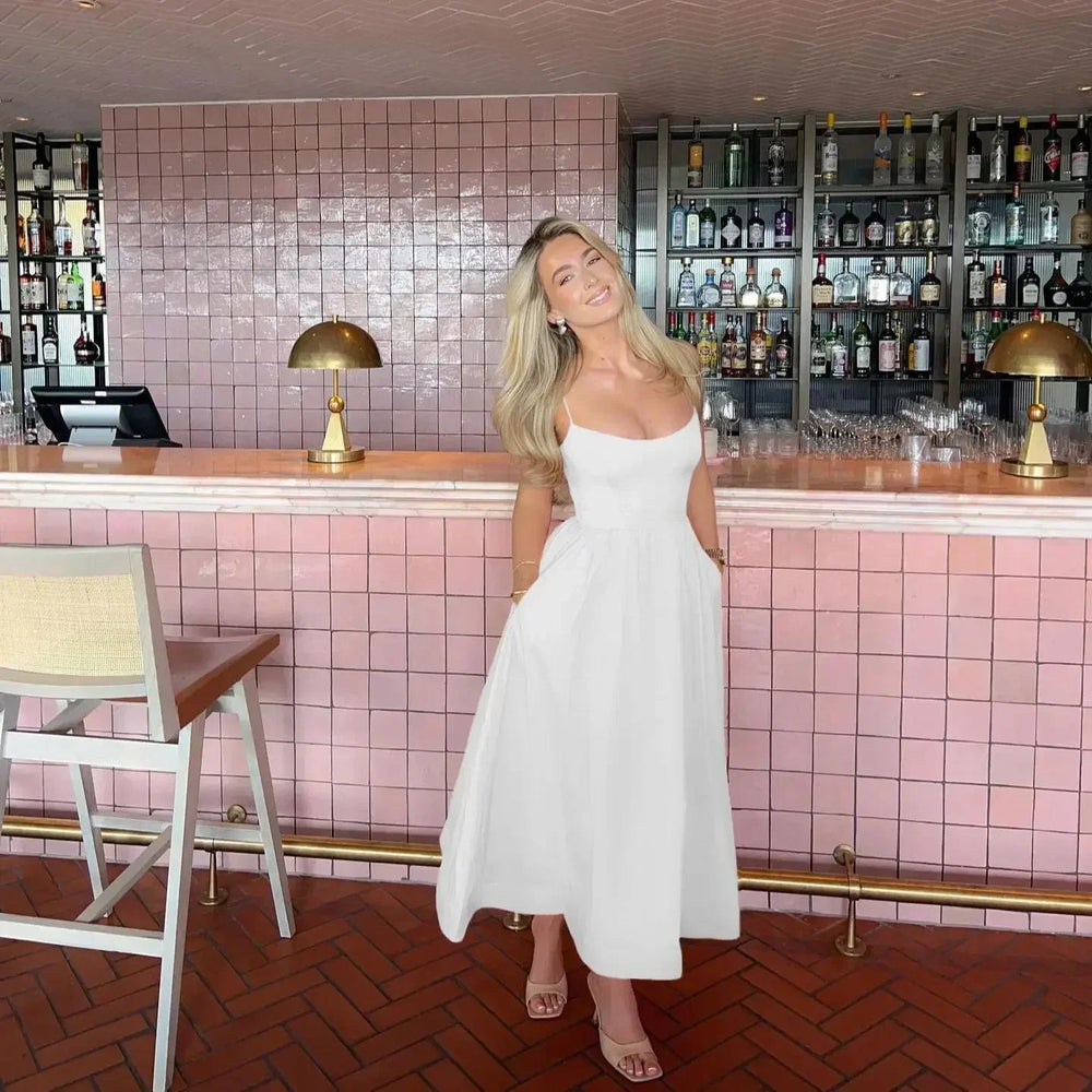 Pink and Pretty White Vacation Spaghetti Strap Beach A Line Party Casual Midi Dress Mssaz Desses