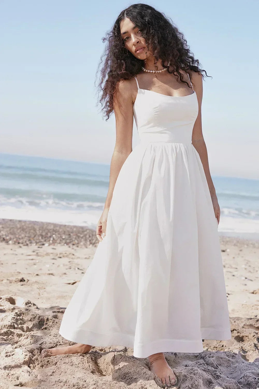 Pink and Pretty White Vacation Spaghetti Strap Beach A Line Party Casual Midi Dress Mssaz Desses