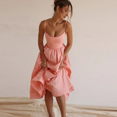 Pink and Pretty White Vacation Spaghetti Strap Beach A Line Party Casual Midi Dress Mssaz Desses