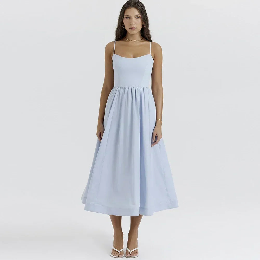Pink and Pretty White Vacation Spaghetti Strap Beach A Line Party Casual Midi Dress Mssaz Desses