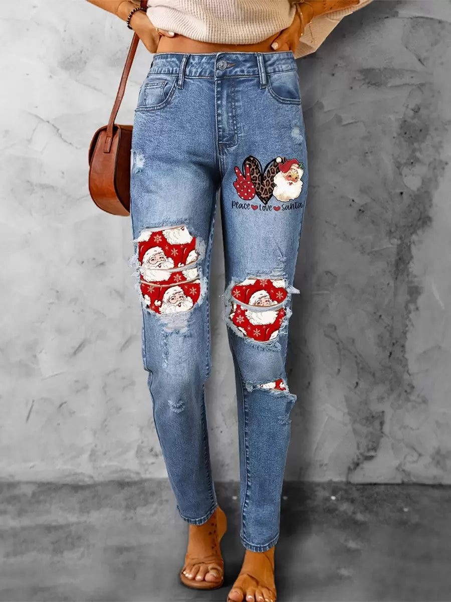 Chic Natural Waist Christmas Pattern Distressed Ankle Length Jeans Mssza