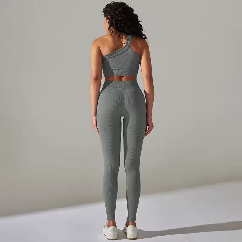 One Shoulder Crop Top High Waist Leggings Ribbed Two Piece Set Mssza