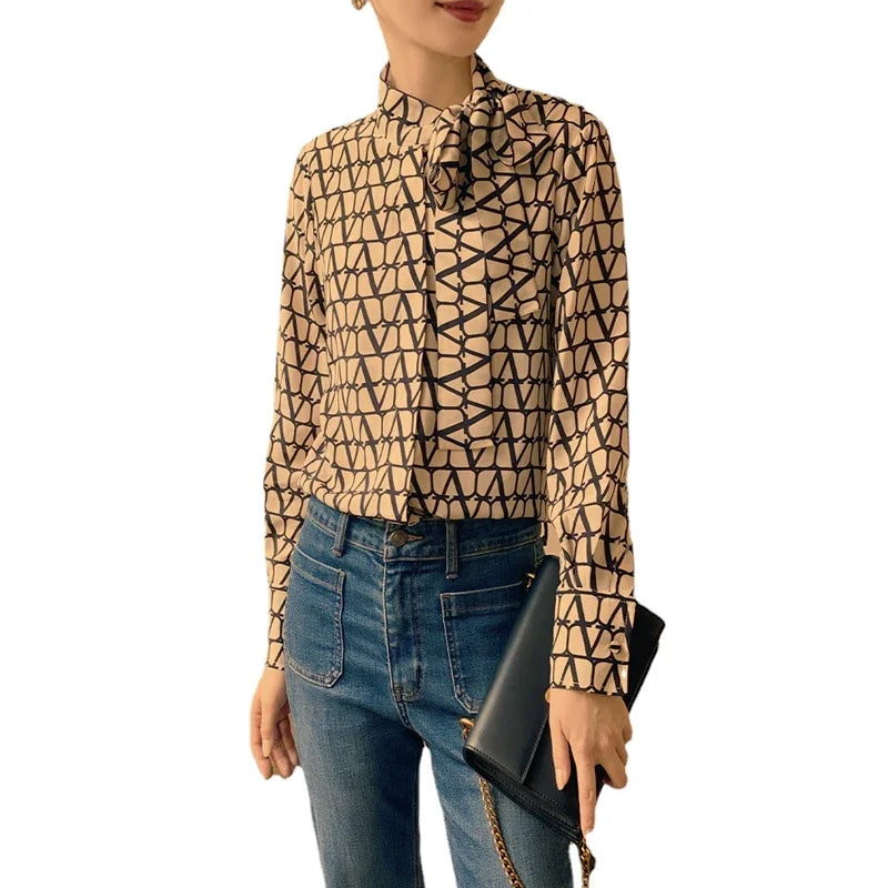 Vintage Covered Button Office Lady Slight Stretch Printed Shirts Mssza