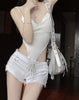 Elegant Drawstring Zipper Rise Ripped Lace-up Polyester Shorts Mssza