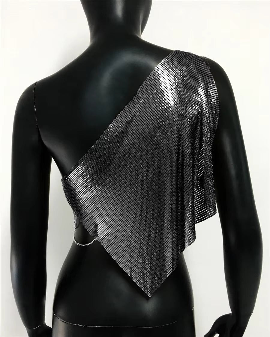 Casual Metallic Sequins Backless Diagonal Collar Tank Top Mssza