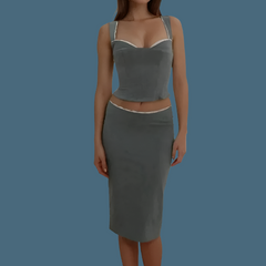 Spliced Lace Top Low Waist Midi Skirt Suits Mssaz Desses