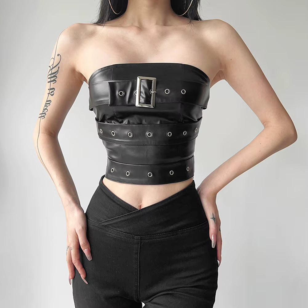 Classic Patchwork Gothic Retro Matte Belt Chest Wrap Vest Crop Top Mssza