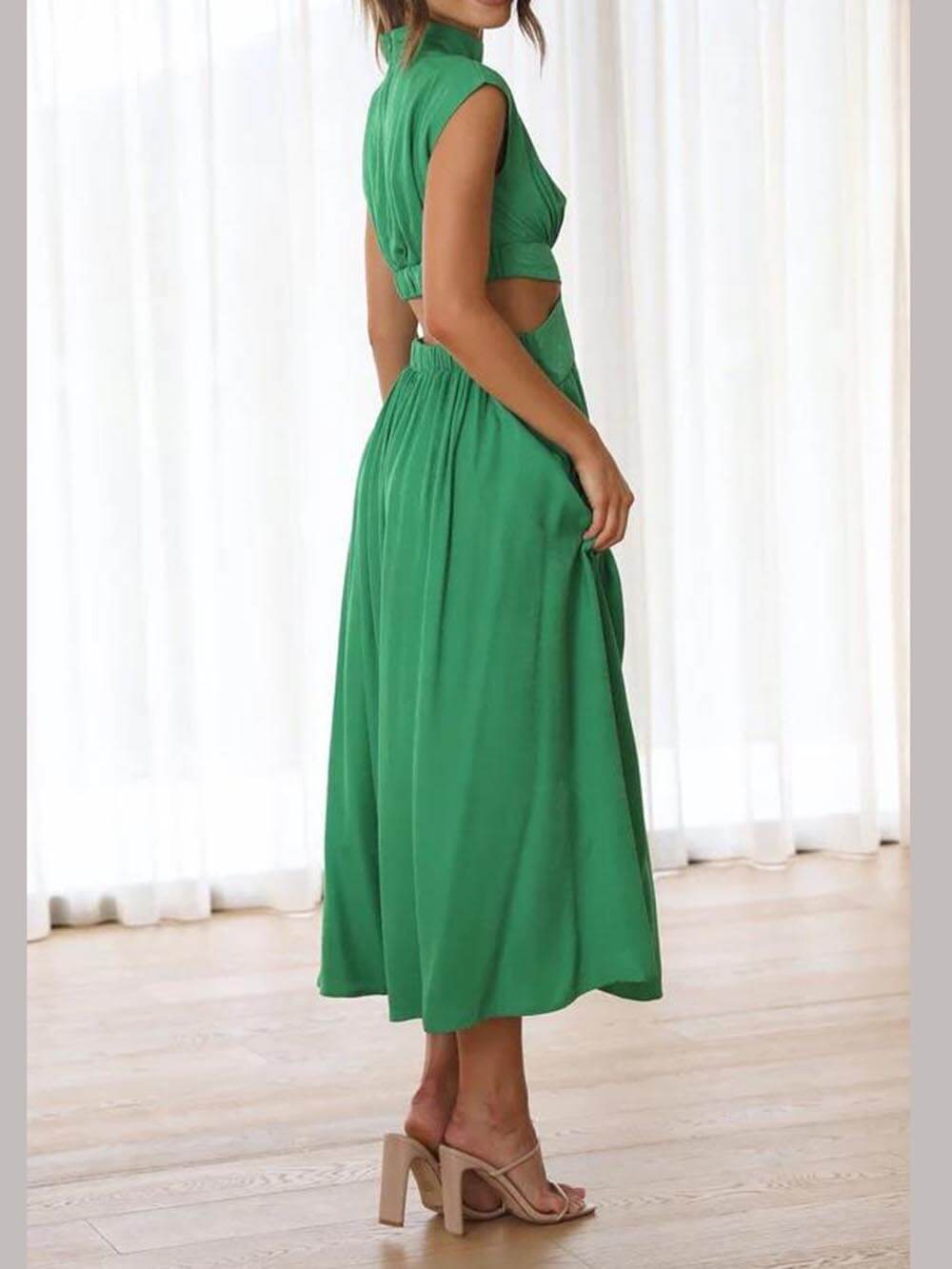 Cutout Waist Pocketed Vacation Midi Dress Mssaz Desses