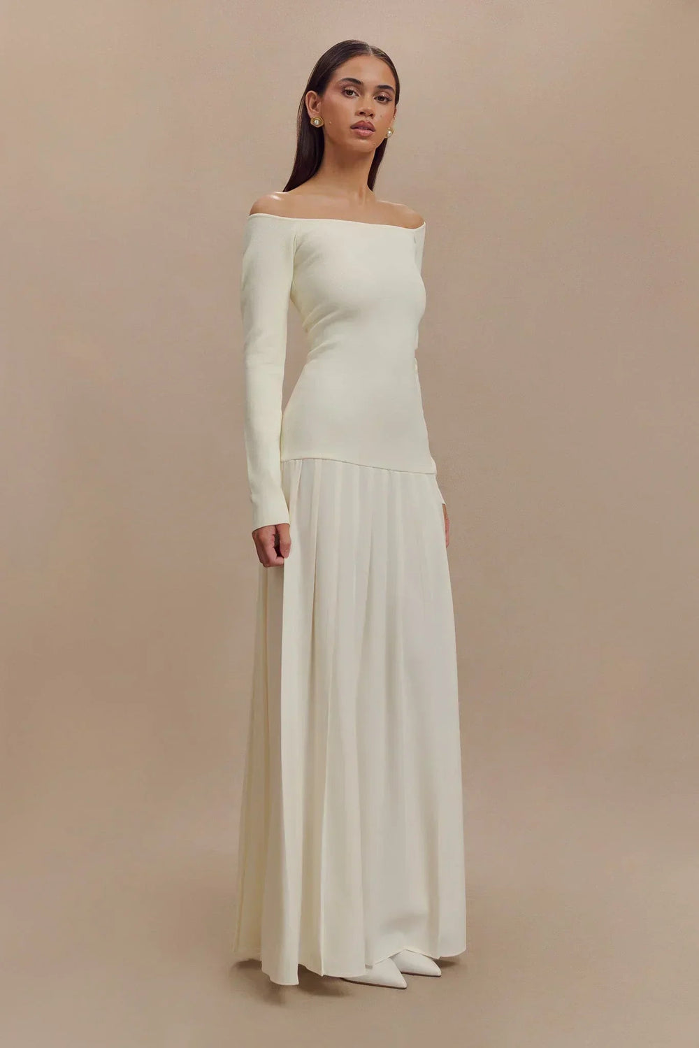 Knit Off Shoulder Maxi Dress Ivory Mssaz Desses