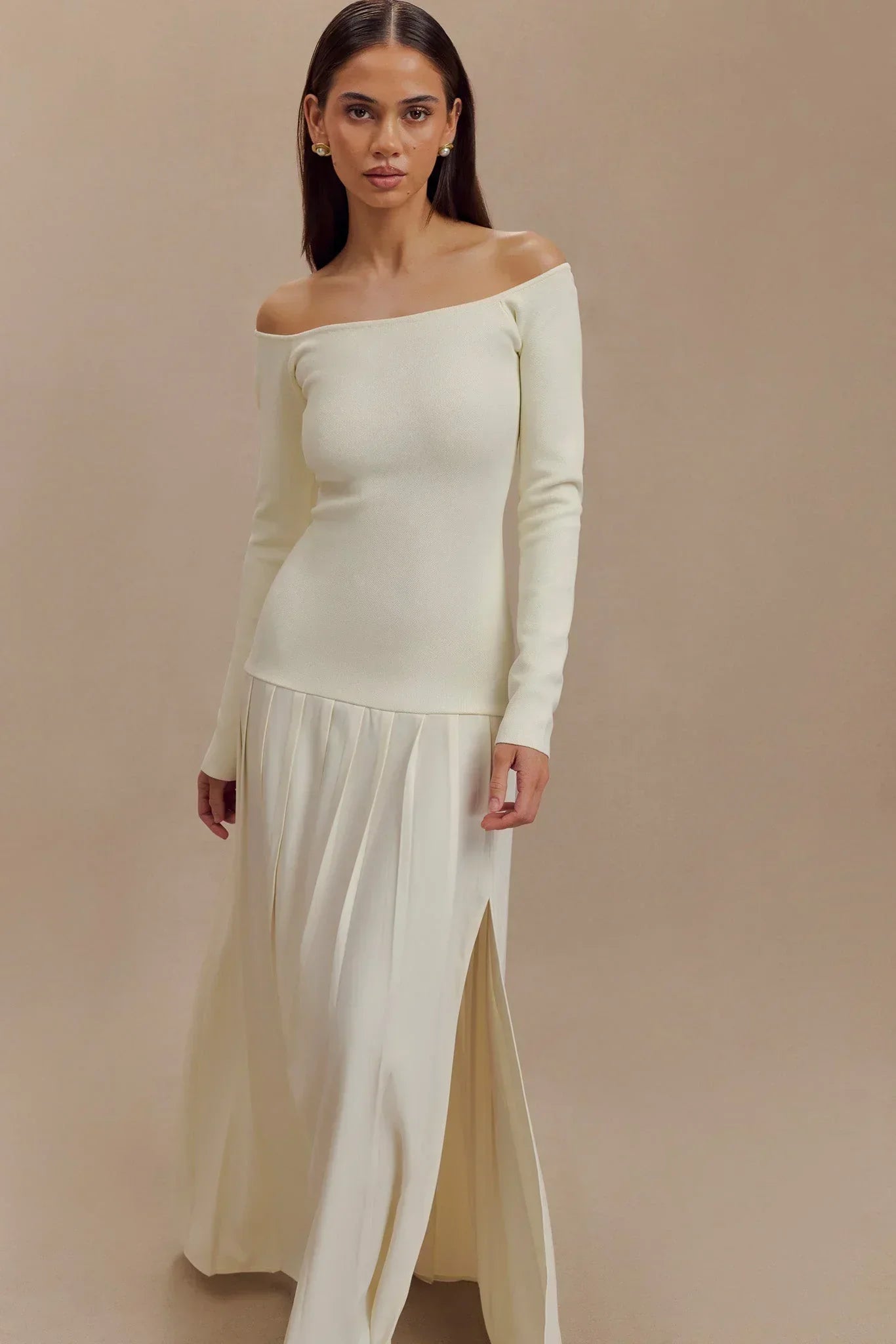 Knit Off Shoulder Maxi Dress Ivory Mssaz Desses