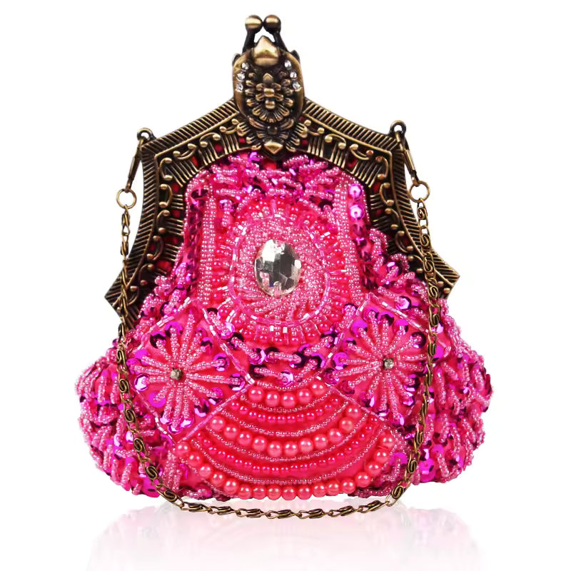 Elegant Vintage Antique Chain Sequin Beaded Retro Clutches Handbag Mssza