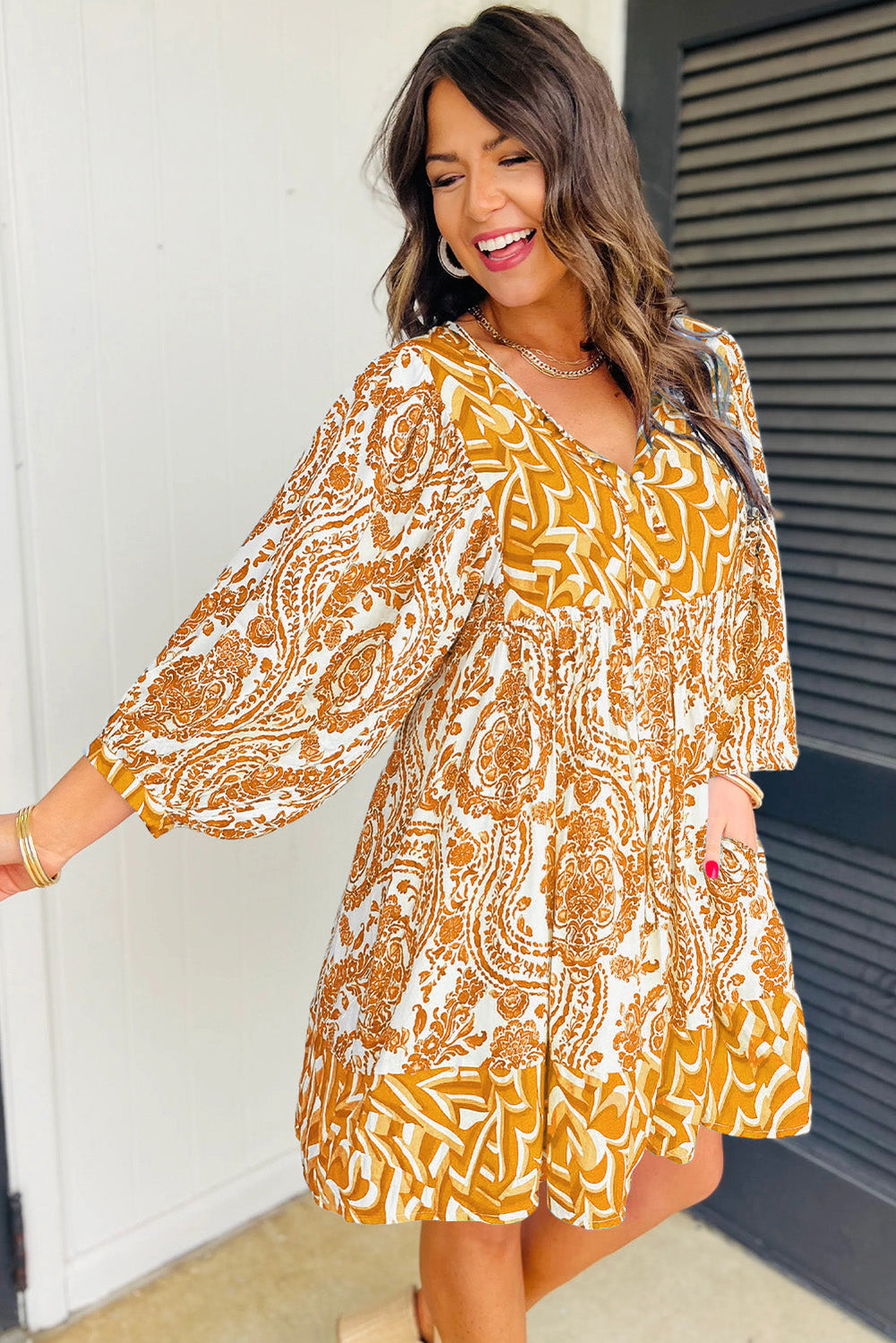 Orange Bohemian Print Puff Sleeve Tied V Neck Flared Mini Dress Mssaz Desses