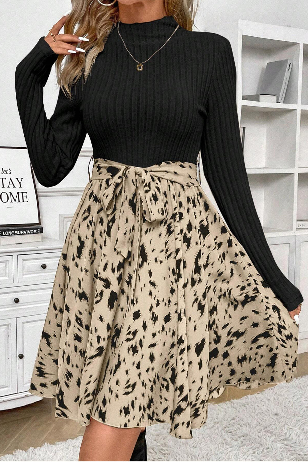 Black Ribbed Knit Patchwork Printed Belted A-line Dress Mssaz Desses