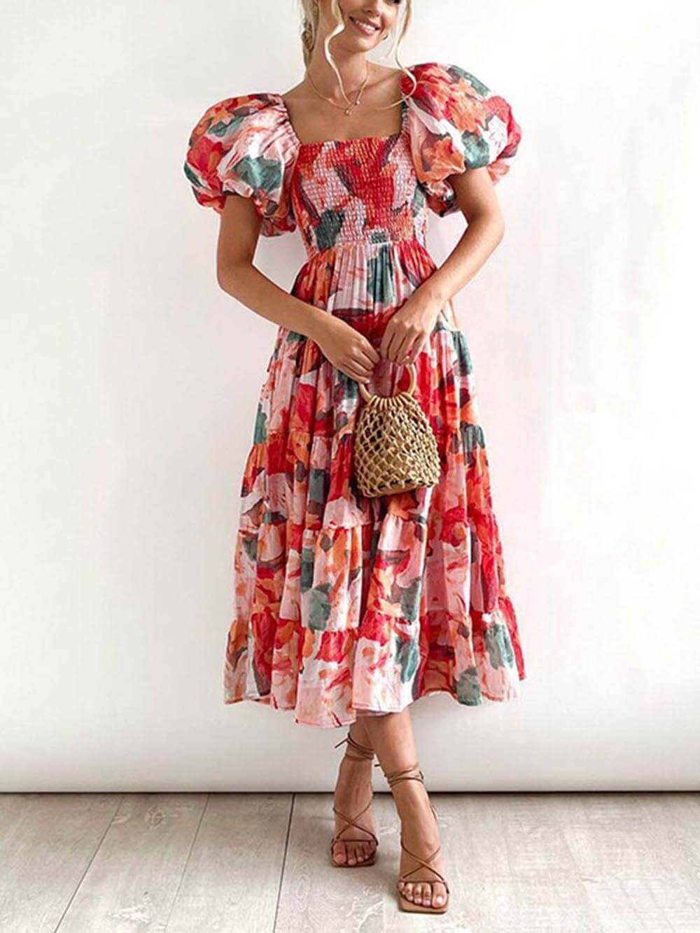 Floral Printed Smocked Tiered Fit Flare Midi Dress Mssaz Desses