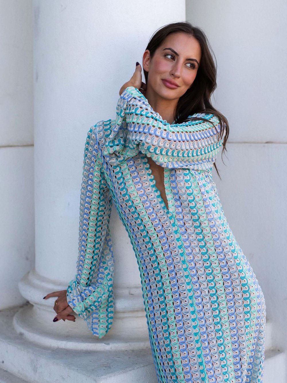Boho V Neck Bell Sleeve Wavy Striped Crochet Beach Vacation Maxi Dress Blue Mssaz Desses