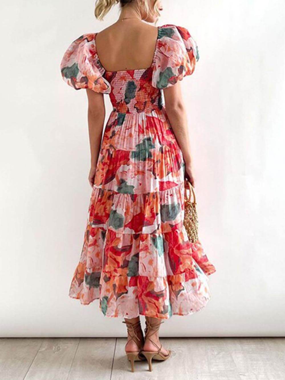 Floral Printed Smocked Tiered Fit Flare Midi Dress Mssaz Desses