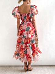 Floral Printed Smocked Tiered Fit Flare Midi Dress Mssaz Desses