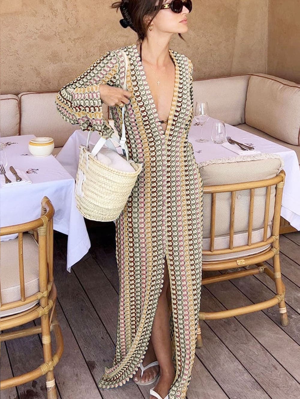 Boho V Neck Bell Sleeve Wavy Striped Crochet Beach Vacation Maxi Dress Brown Mssaz Desses