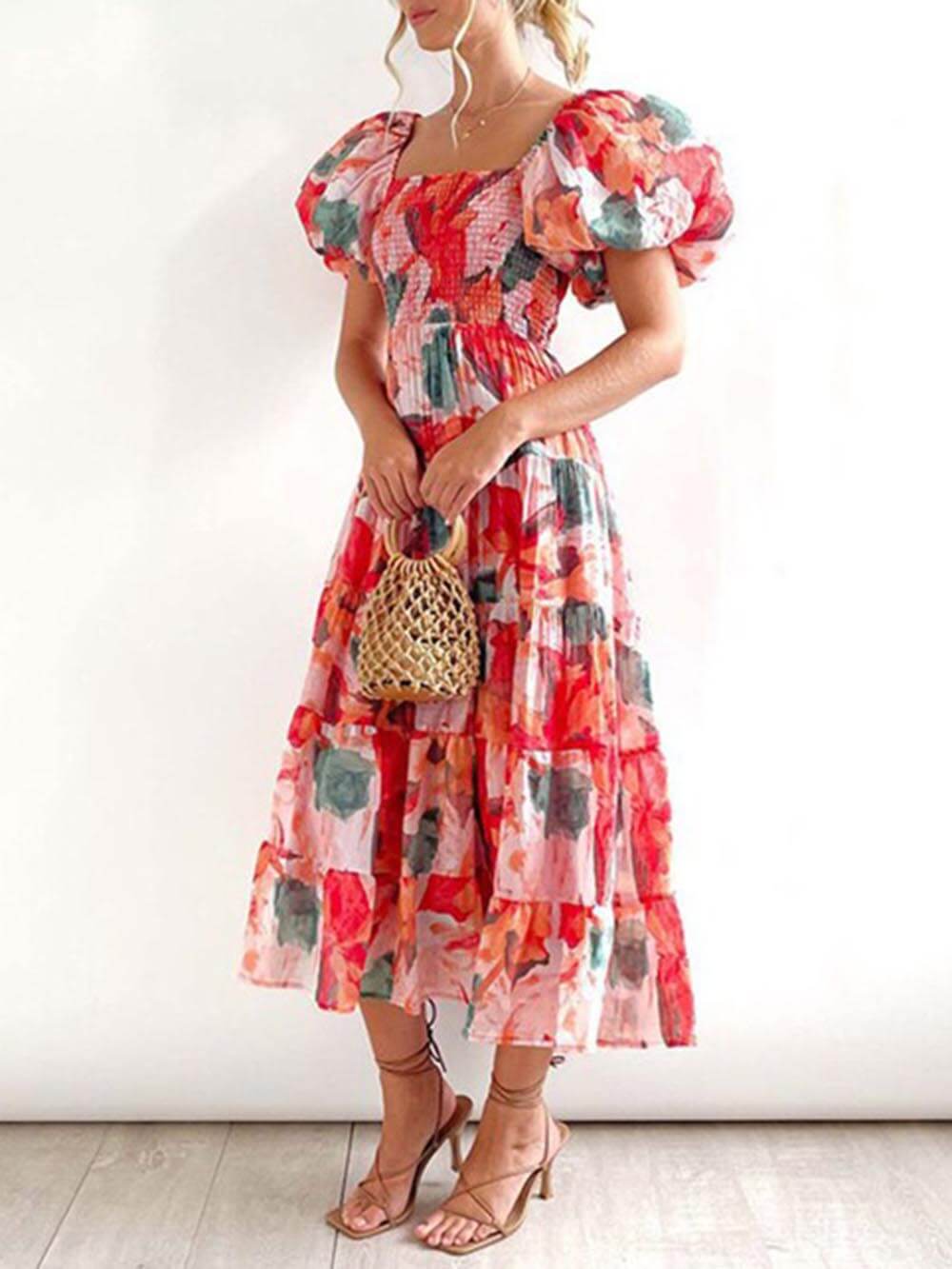 Floral Printed Smocked Tiered Fit Flare Midi Dress Mssaz Desses