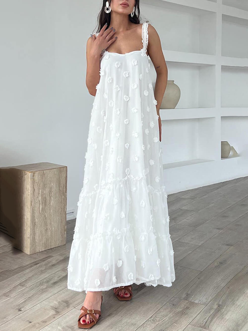 Pretty Flower Decor A-Line Layered Loose Maxi Dress Mssaz Desses