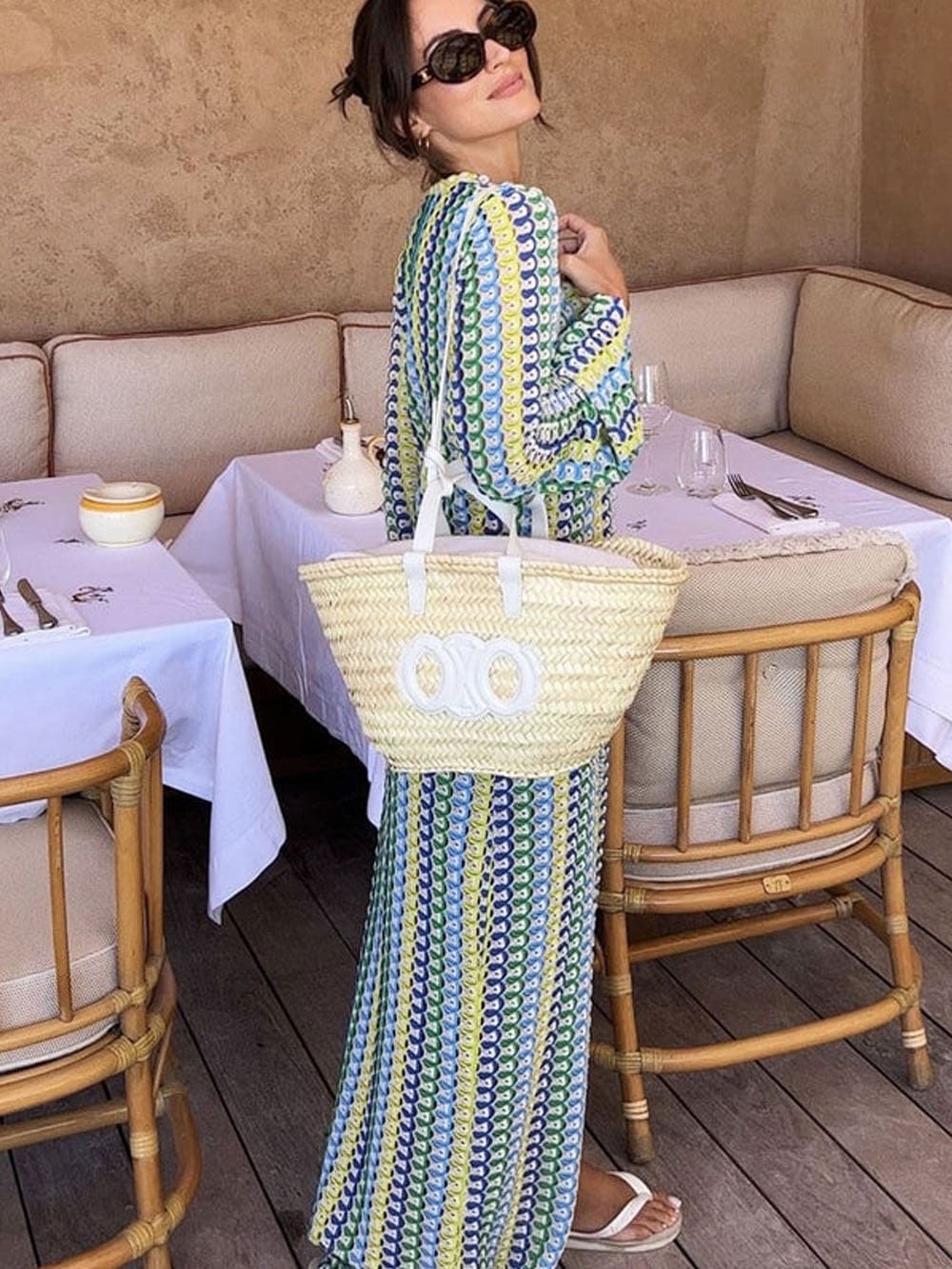 Boho V Neck Bell Sleeve Wavy Striped Crochet Beach Vacation Maxi Dress Yellow Mssaz Desses