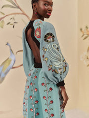 Blue Flowing Beauty Long Sleeve Midi Dress Mssaz Desses