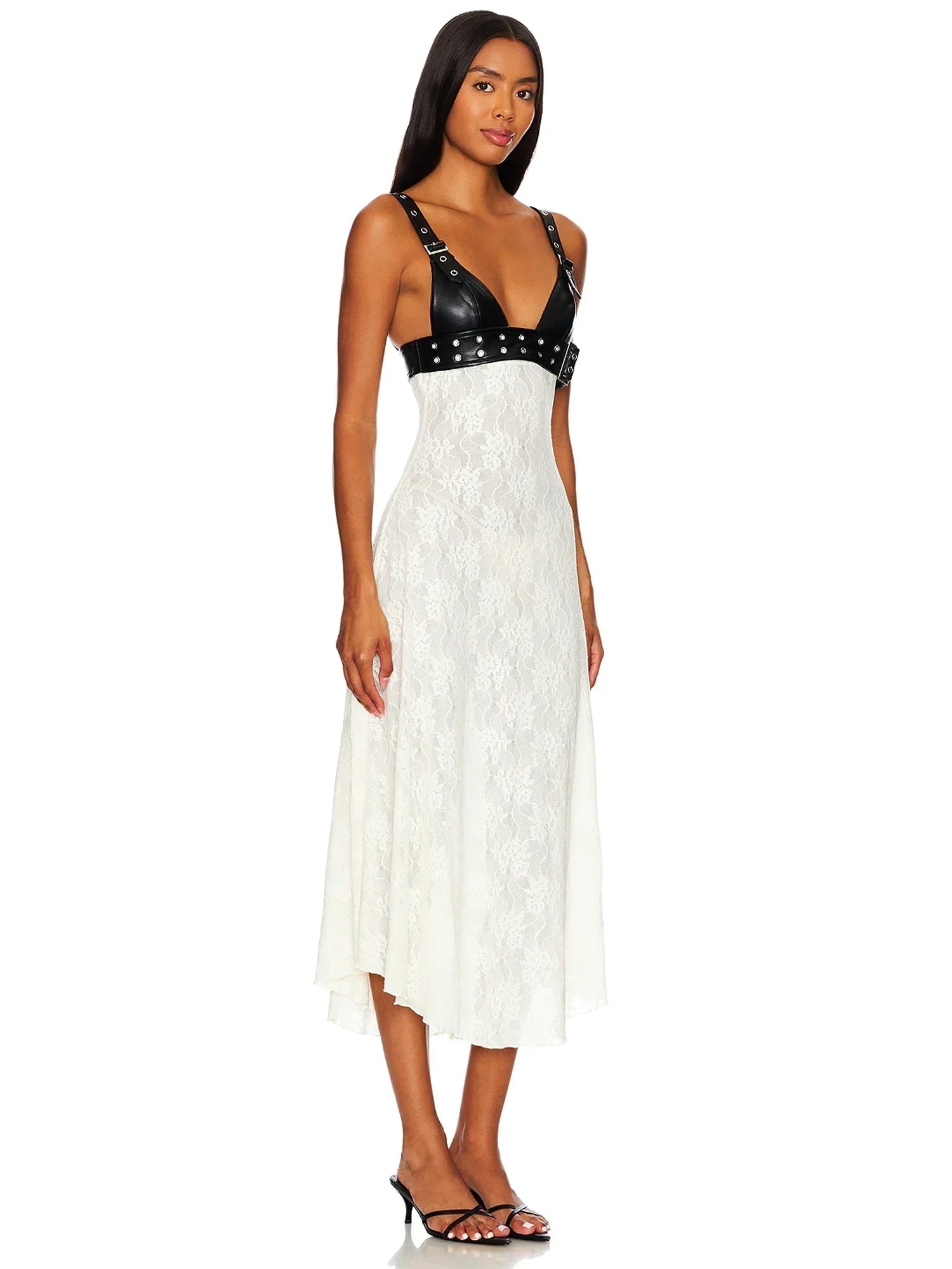 Floral Lace & Leather Midi Dress Mssaz Desses